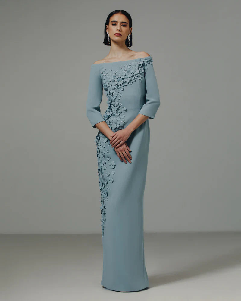 Catherine Regehr - Off-Shoulder Blanche Gown with Full Apple Blossom Spray