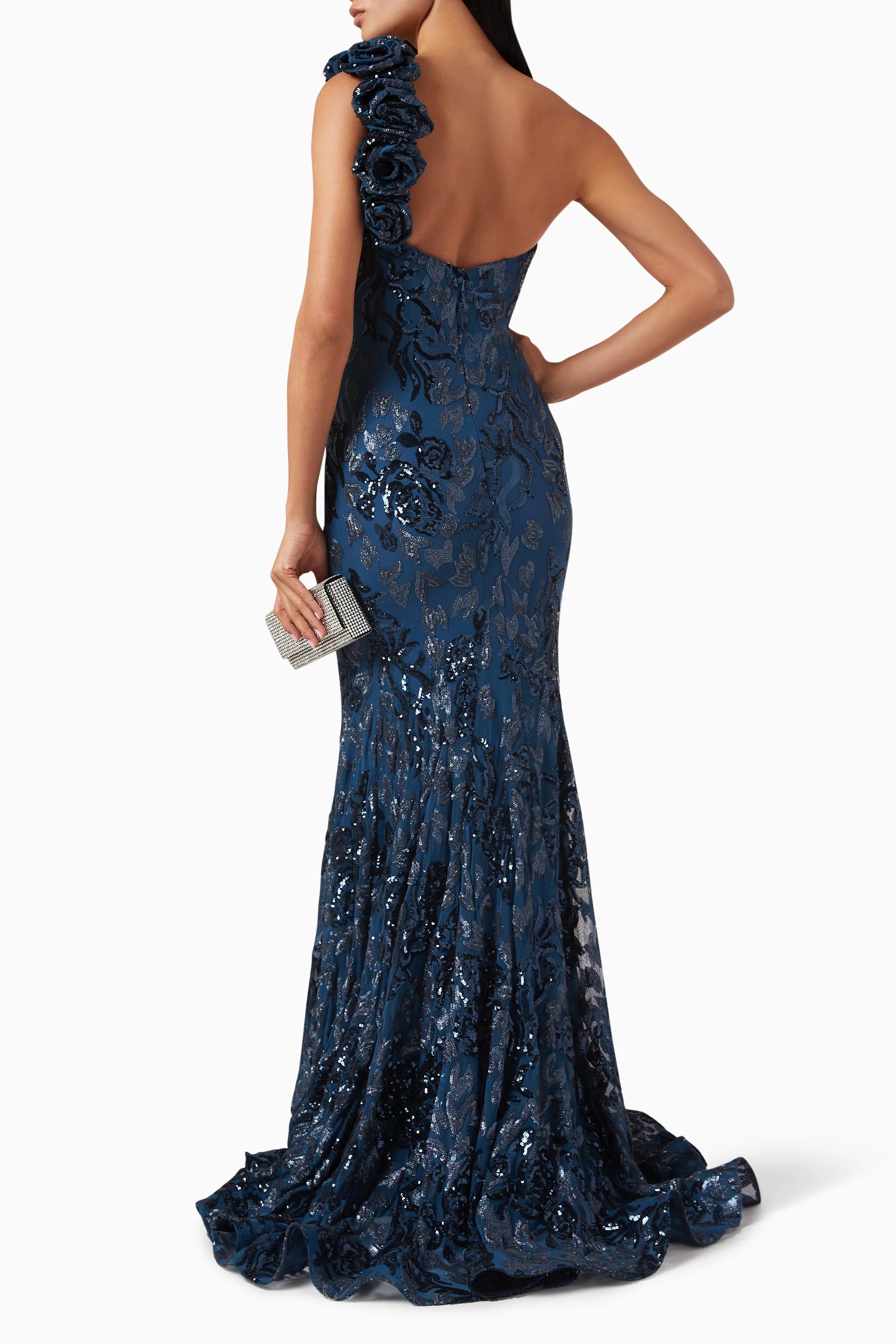Jovani Sequin Embellished One Shoulder Gown — Blue