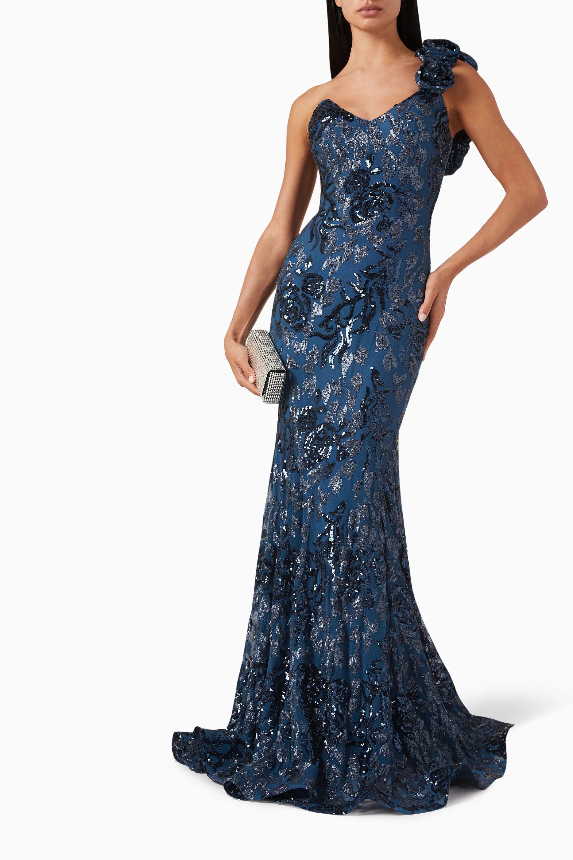 Jovani Sequin Embellished One Shoulder Gown — Blue