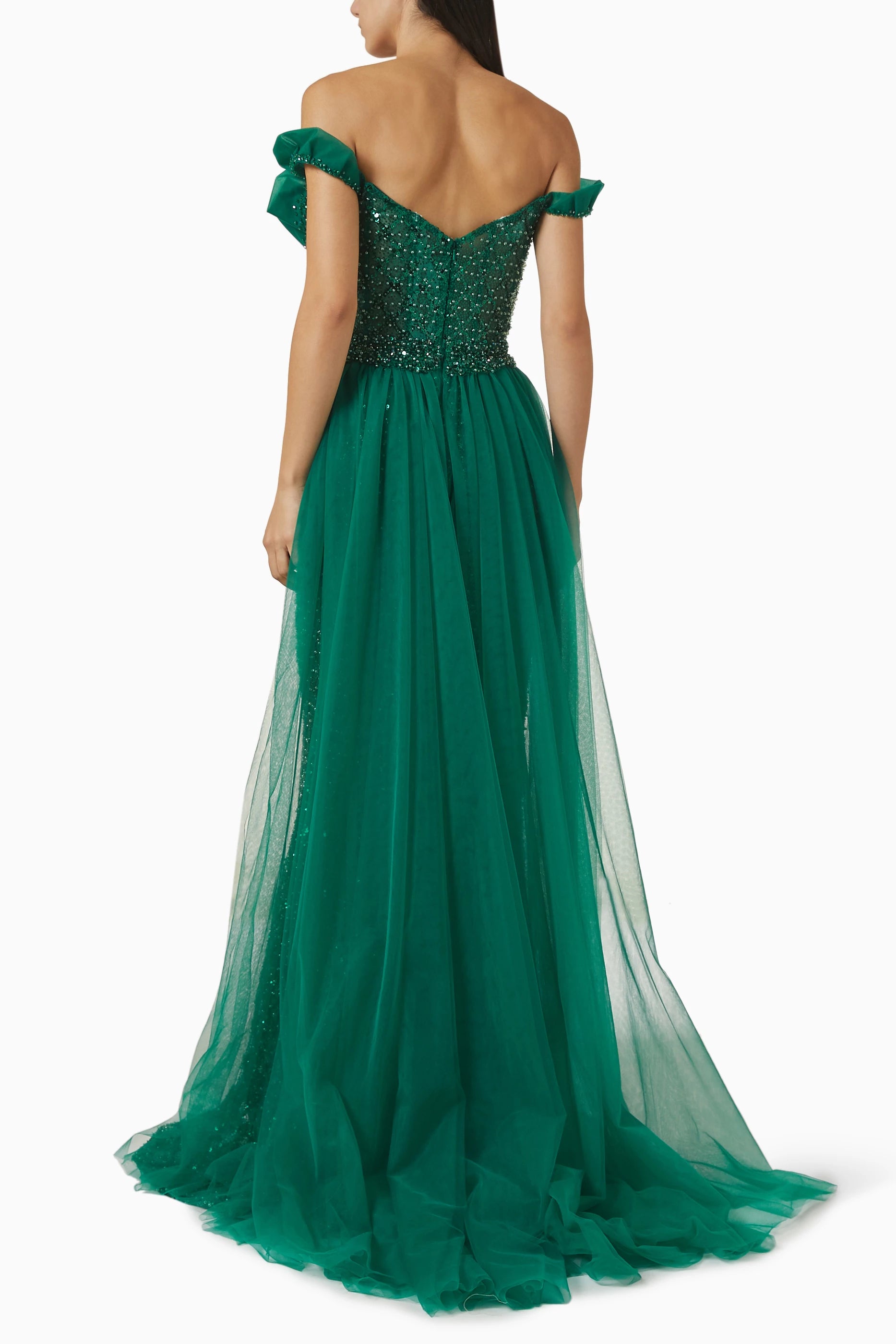 Jovani Bead-Embellished Off-Shoulder Gown — Emerald