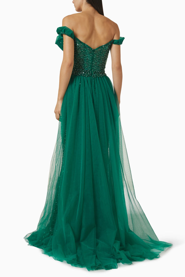 Jovani Bead-Embellished Off-Shoulder Gown — Emerald