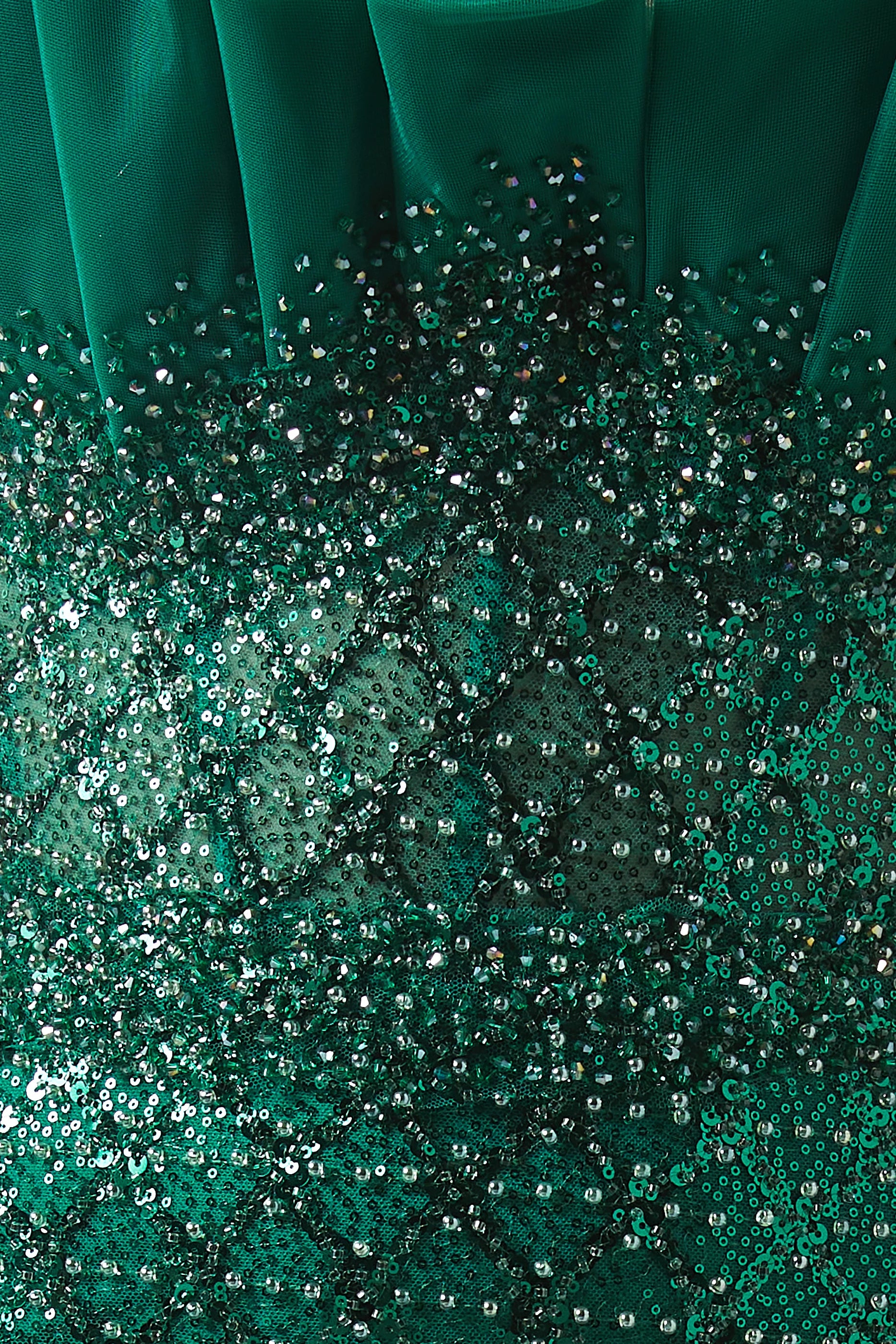 Jovani Bead-Embellished Off-Shoulder Gown — Emerald