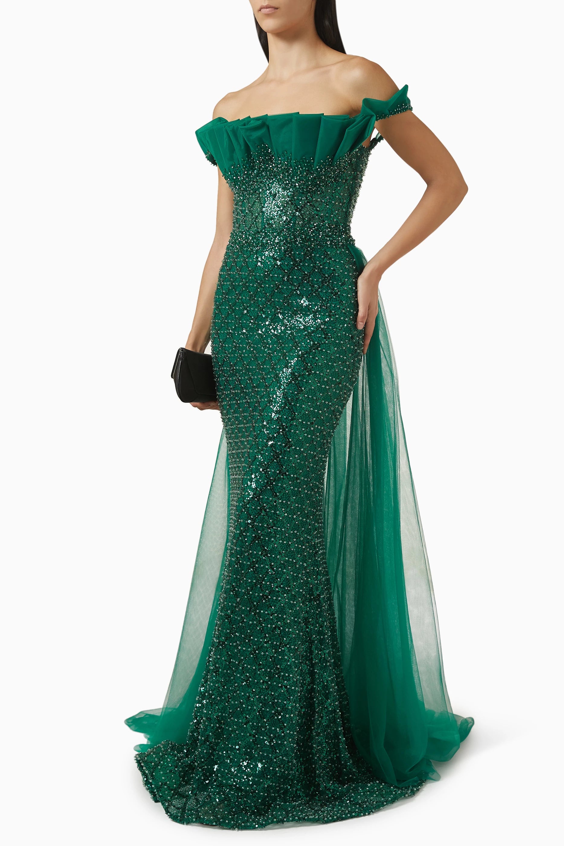 Jovani Bead-Embellished Off-Shoulder Gown — Emerald