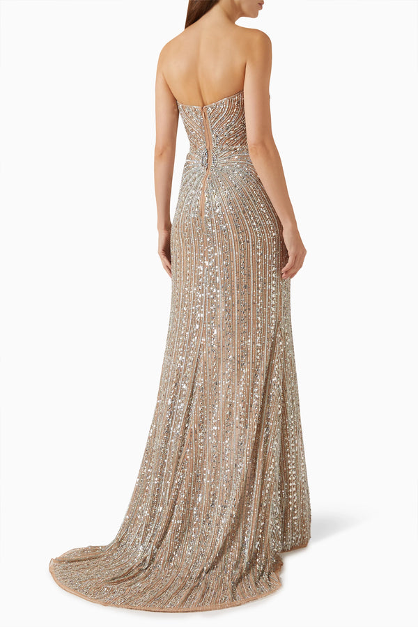 Jovani Embroidered Slit Gown — Beige