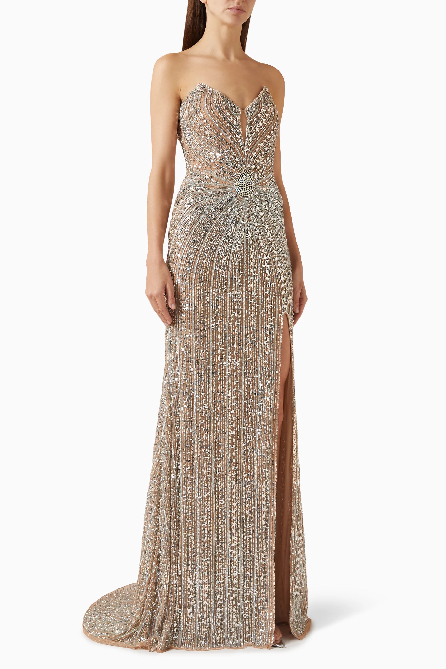 Jovani Embroidered Slit Gown — Beige