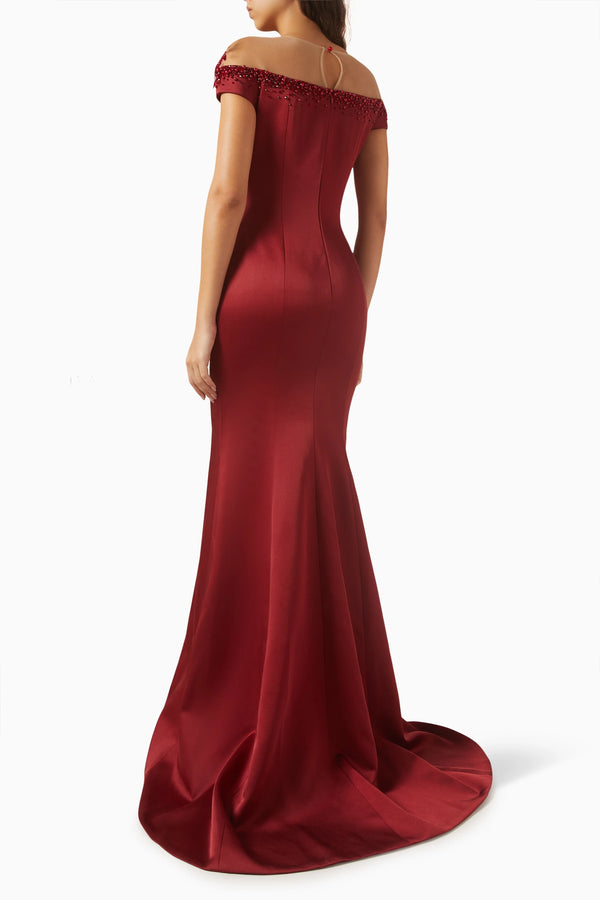 21SIX Mireille Embellished Gown — Red Taffeta