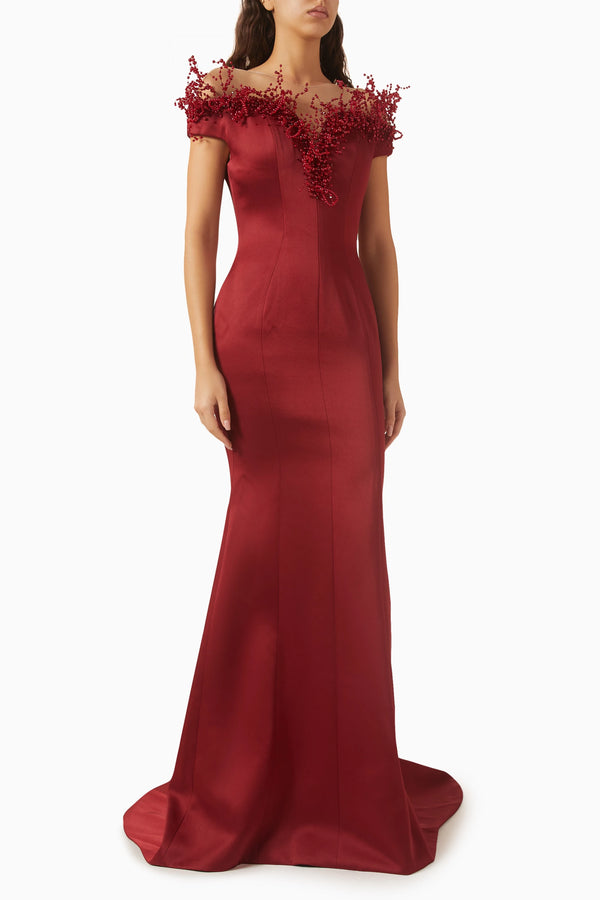 21SIX Mireille Embellished Gown — Red Taffeta