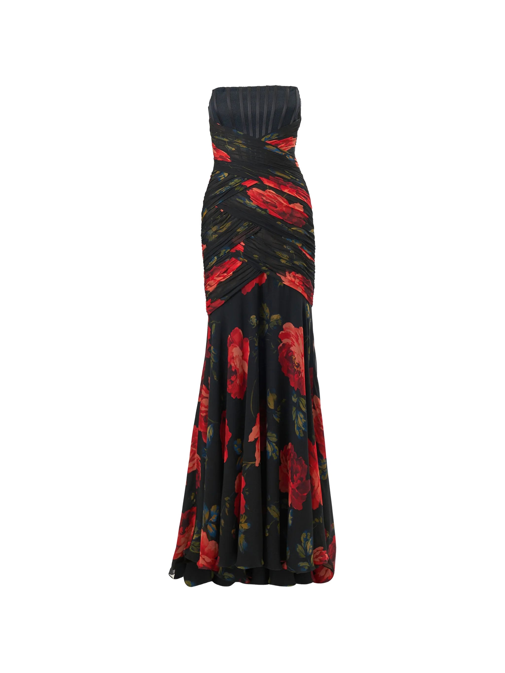 Rose-Print Chiffon Bustier Gown