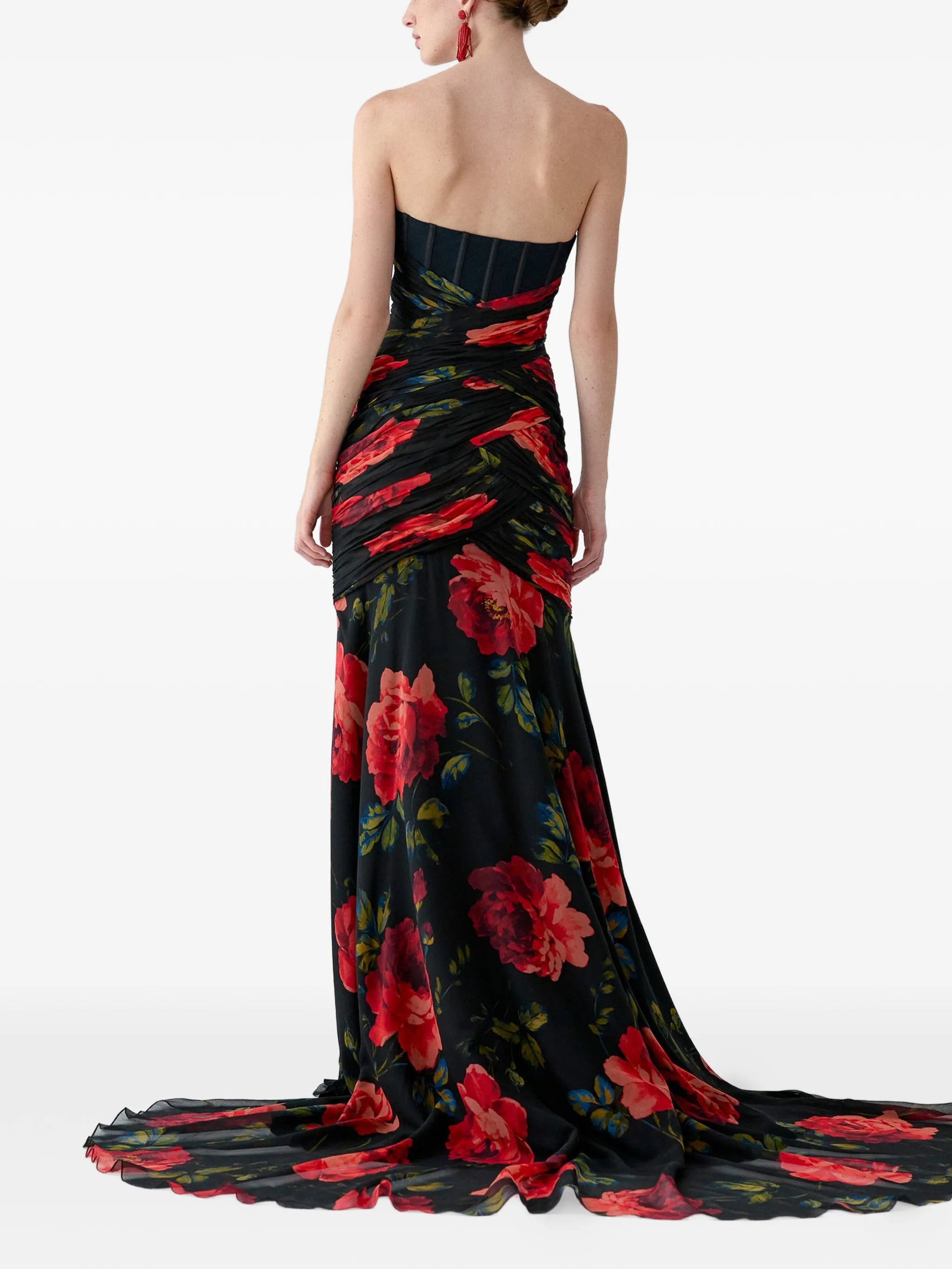 Carolina Herrera Rose-Print Chiffon Bustier Gown