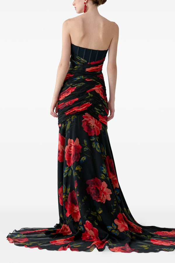 Carolina Herrera Rose-Print Chiffon Bustier Gown