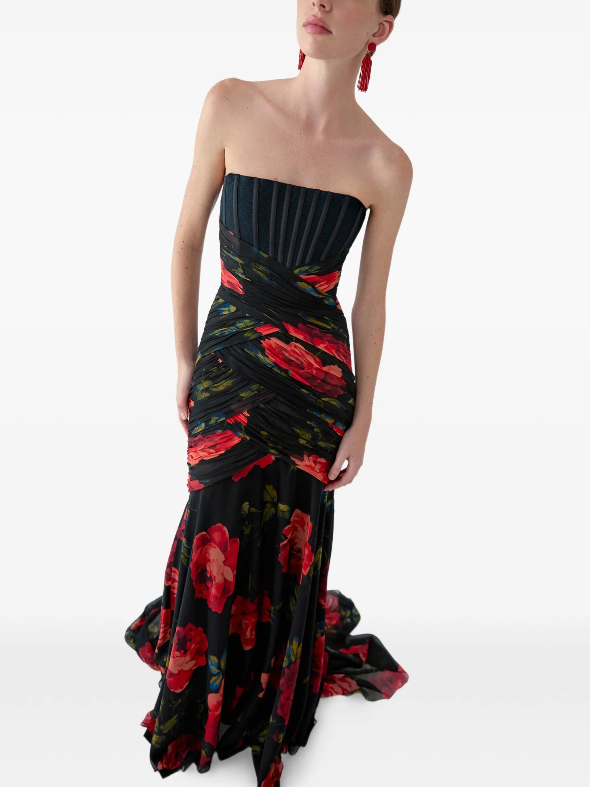 Rose-Print Chiffon Bustier Gown