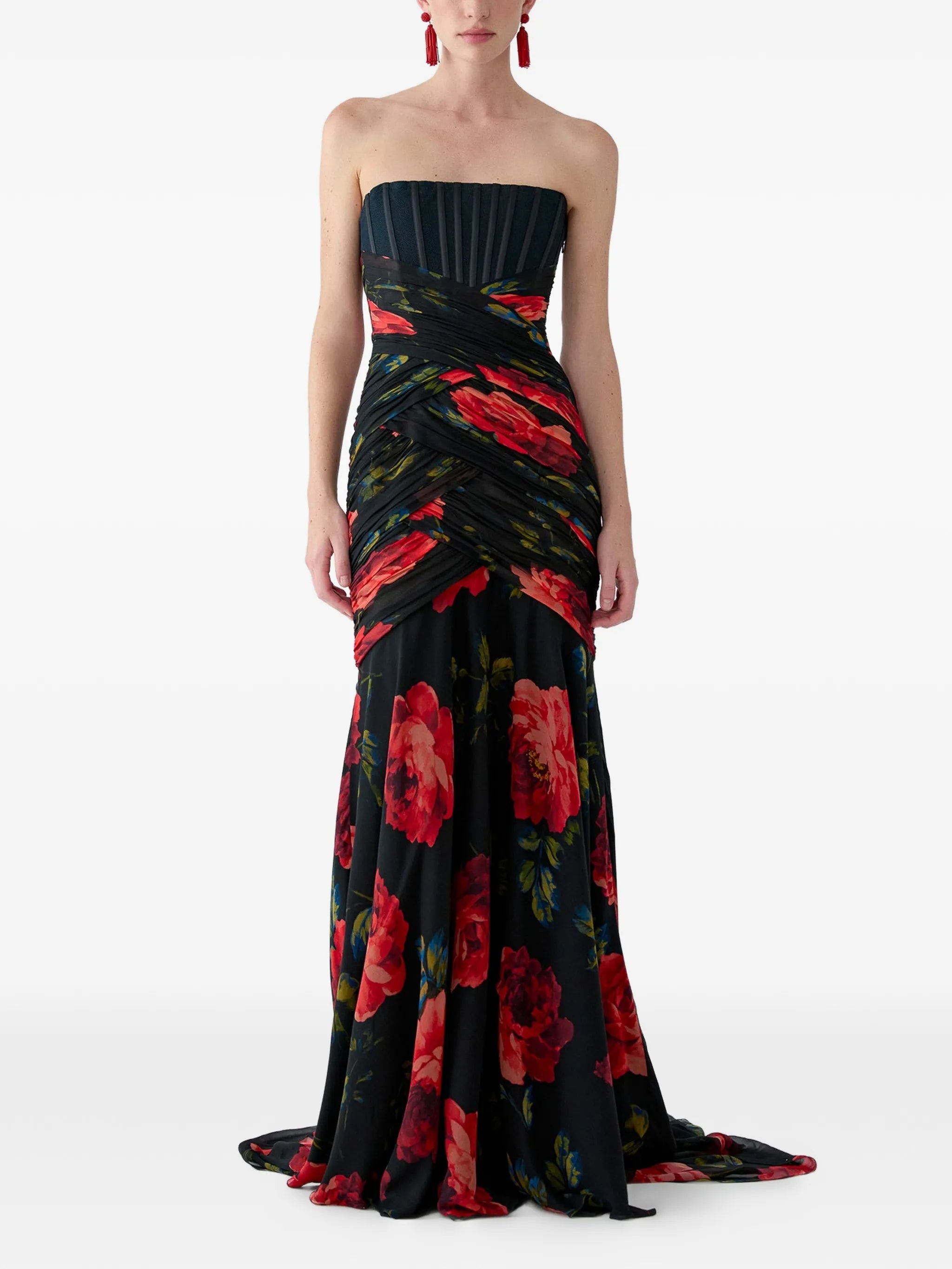 Carolina Herrera Rose-Print Chiffon Bustier Gown