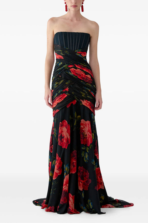 Carolina Herrera Rose-Print Chiffon Bustier Gown