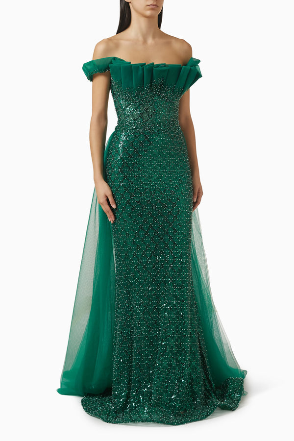 Jovani Bead-Embellished Off-Shoulder Gown — Emerald