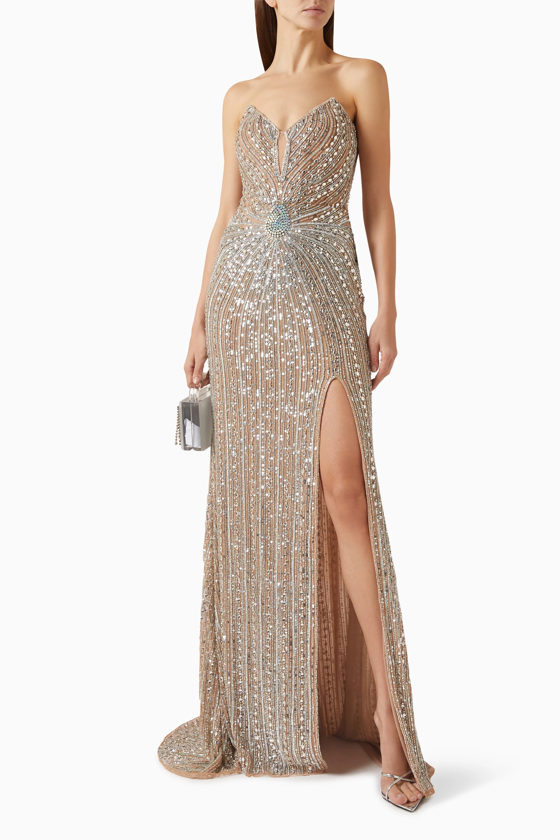 Jovani Embroidered Slit Gown — Beige