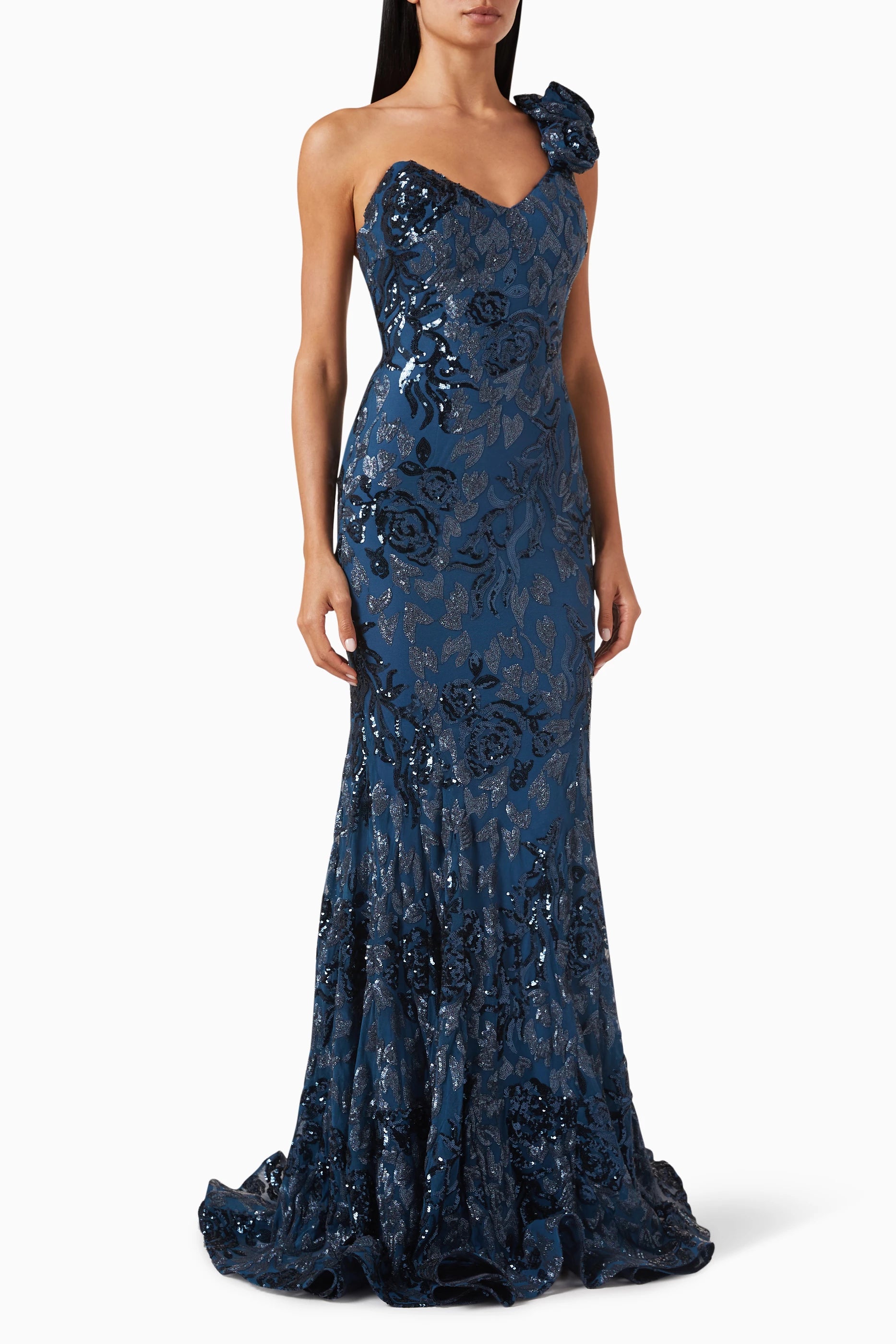 Jovani Sequin Embellished One Shoulder Gown — Blue