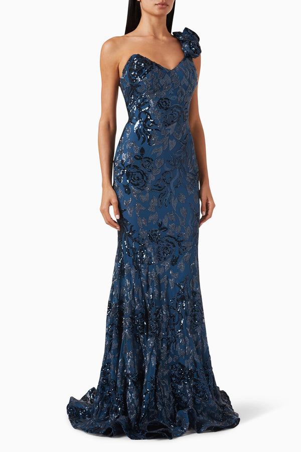 Jovani Sequin Embellished One Shoulder Gown — Blue